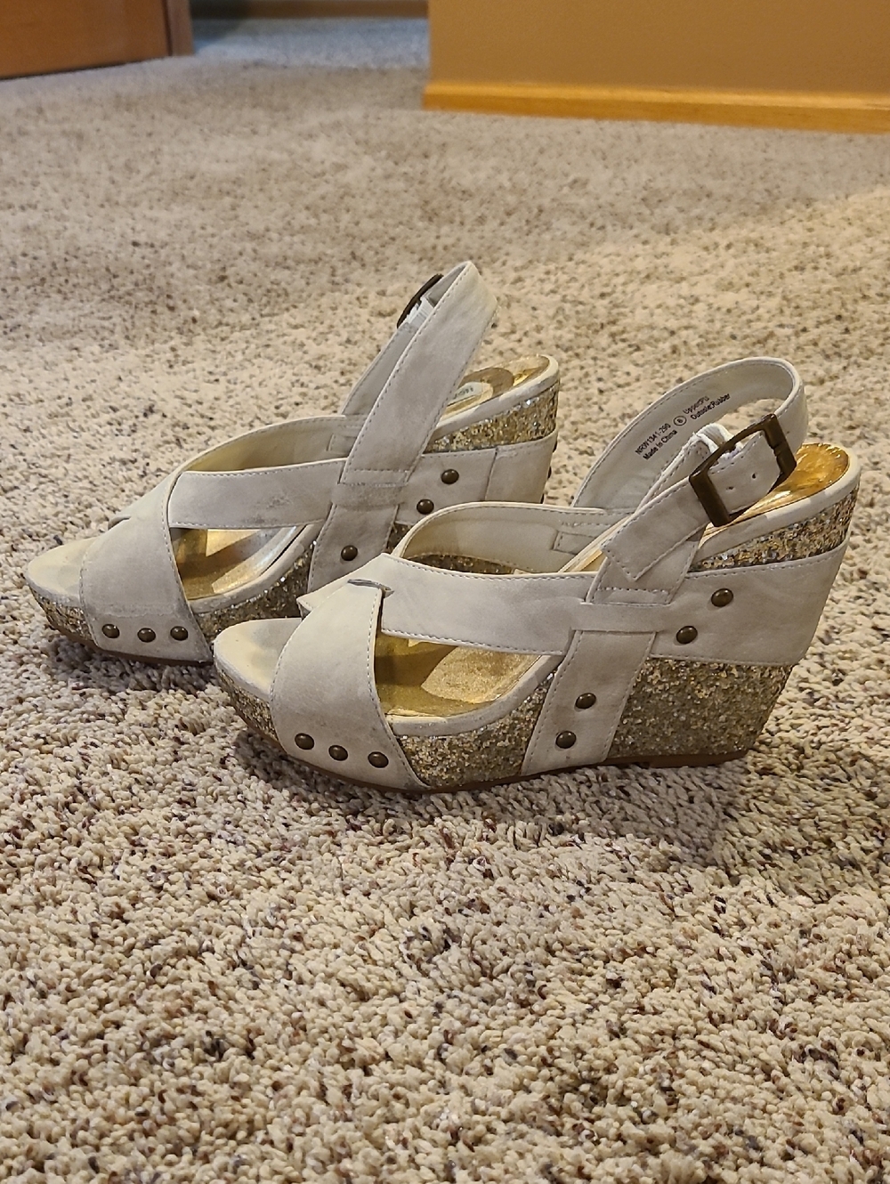 Not Rated Ivory Suede Wedge Sandals with Gold Glitter Platform